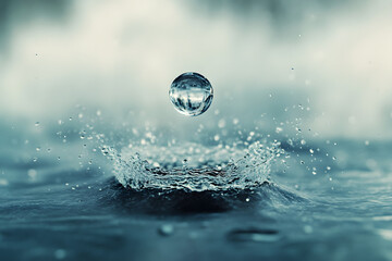 A blue water drop splashes, creating ripples and bubbles, with a miniature Earth reflected inside