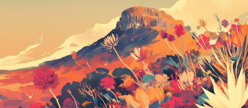 Artwork depicting the summit of a mountain adorned with vibrant fynbos and blossoms