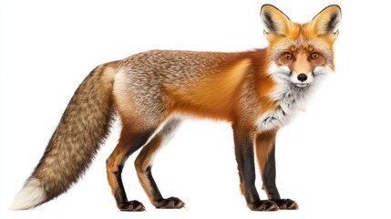 Fototapeta premium Striking red fox standing still, with its tail curled around its body, on a white background