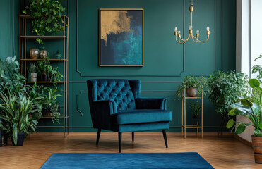 Green wall with a gold leaf painting above a blue velvet armchair and a wooden shelf in a modern living room interior, green plants on the floor, and a golden chandelier.