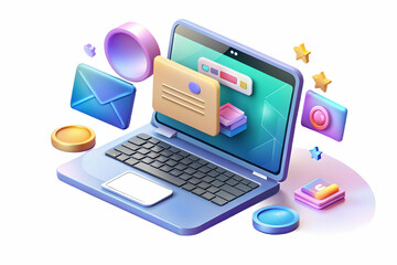 Flat Holographic Laptop on Glossy White Background with Floating Payment & Promotion Icons - Clean Vector Illustration for Business Marketing