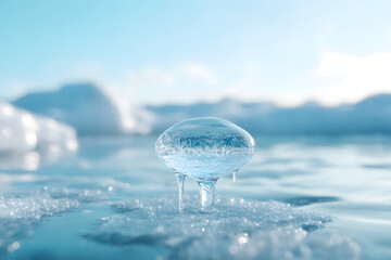 A glass of icy water reflects the blue sky and fluffy clouds, offering a refreshing taste of summer on the beach