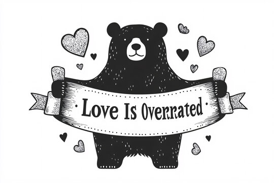 A cute bear holding a banner that says love is overrated with hearts floating around the illustration