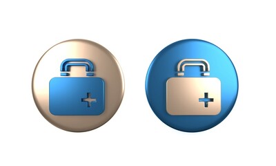 Colorful First aid kit icon isolated on white background. Medical box with cross. Medical equipment for emergency. Healthcare concept. Circle button. 3D render illustration
