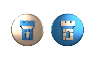 Colorful Castle tower icon isolated on white background. Fortress sign. Circle button. 3D render illustration