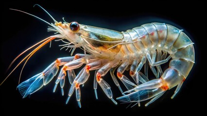 Glassy shell plates cover the curved body, revealing delicate limbs, each tipped with sharp claws, and a long slender tail, a riot of complexity within its compact form.