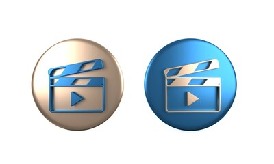 Obraz premium Colorful Movie clapper icon isolated on white background. Film clapper board. Clapperboard sign. Cinema production or media industry. Circle button. 3D render illustration