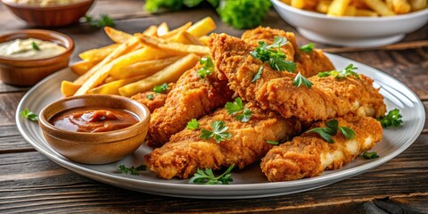 Golden brown fried chicken tenders, crispy French fries, and creamy dipping sauce served together on a plate for a savory treat.