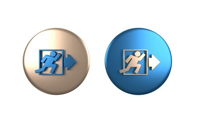 Colorful Fire exit icon isolated on white background. Fire emergency icon. Circle button. 3D render illustration