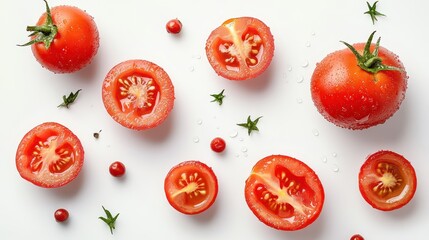 Fototapeta premium Whole and halved red tomatoes, dewy and fresh on white background