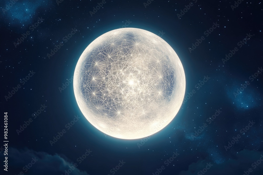 Sticker a large full moon with intricate sacred geometry patterns within its glow