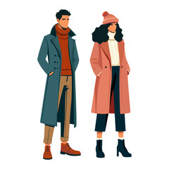 Guy and girl in fall clothes vector realistic illustration. Stylish street style clothing. Coat, winter, spring, fall clothes. 