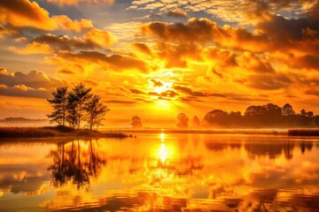 Fototapeta premium Golden hues illuminate the sky as the sun rises, casting a radiant glow on the horizon, where darkness slowly fades away.