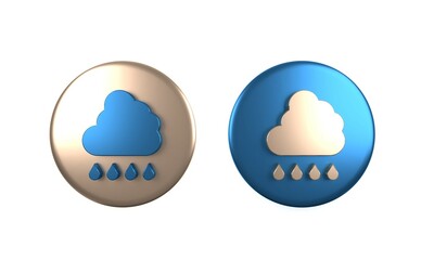 Colorful Cloud with rain icon isolated on white background. Rain cloud precipitation with rain drops. Circle button. 3D render illustration