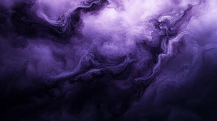Deep, moody clouds of smoky black and purple twist dynamically, creating a mysterious and intense abstract background with bold, organic shapes.