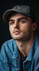 Obraz premium Portrait of a young handsome trendy man wearing a cap of blue jeans color