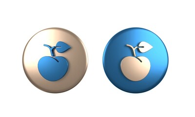 Colorful Peach fruit or nectarine with leaf icon isolated on white background. Circle button. 3D render illustration