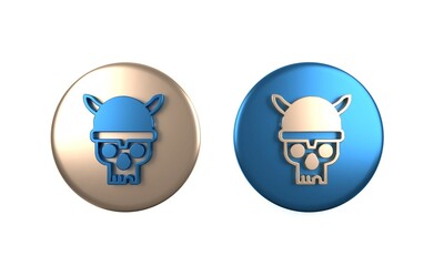 Colorful Skull with viking helmet icon isolated on white background. Happy Halloween party. Circle button. 3D render illustration