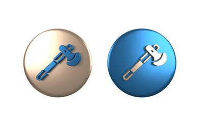 Colorful Wooden axe icon isolated on white background. Lumberjack axe. Circle button. 3D render illustration