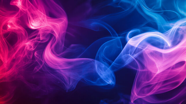 Vibrant trails of deep blue and bright magenta smoke twist and swirl, creating a bold and energetic abstract background with dynamic movement.