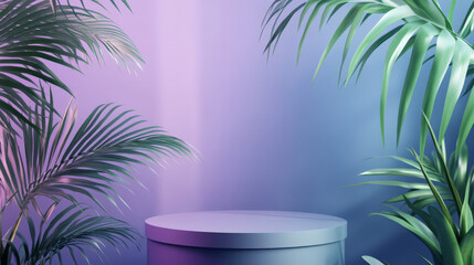 A futuristic 3D podium with a matte grey surface, surrounded by soft green palm leaves, set against a gradient blue-to-purple wall for a modern tropical feel.