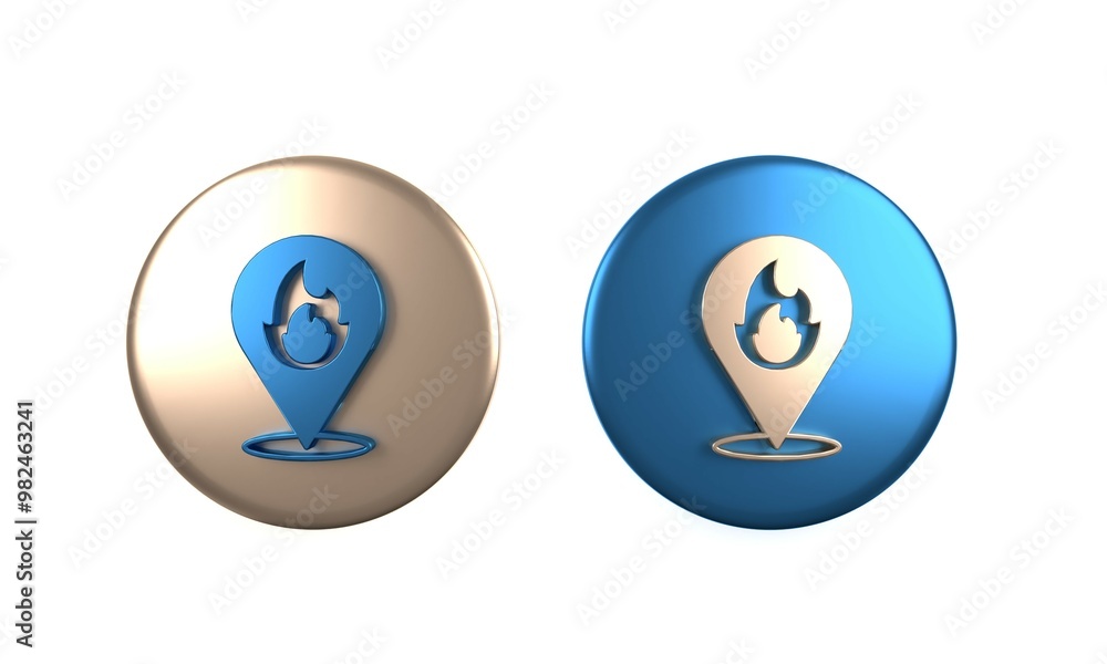 Poster colorful map pointer with fire flame icon isolated on white background. fire nearby. circle button. 