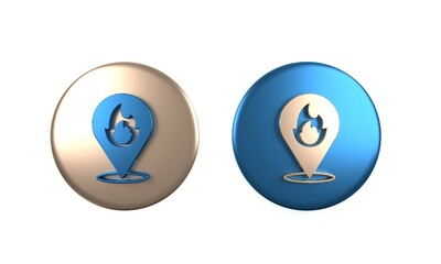 Colorful Map pointer with fire flame icon isolated on white background. Fire nearby. Circle button. 3D render illustration