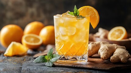 Refreshing ginger and orange cocktail garnished with mint on a rustic wooden table surrounded by fresh oranges