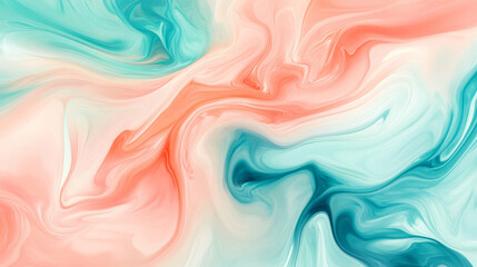 Fototapeta premium Fluid colorful swirls in soft coral, mint green, and pale blue, blending together seamlessly in a delicate abstract background.