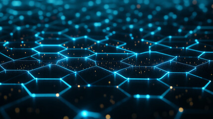 Dynamic hexagonal grid in shades of dark blue and cyan, with glowing connections representing data flow in a high-speed network system.