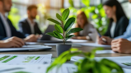 Business team reviewing green investment reports in a meeting room, focus on eco-friendly growth, Green investments initiative