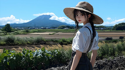 Anime Girl in Countryside with Mountain View