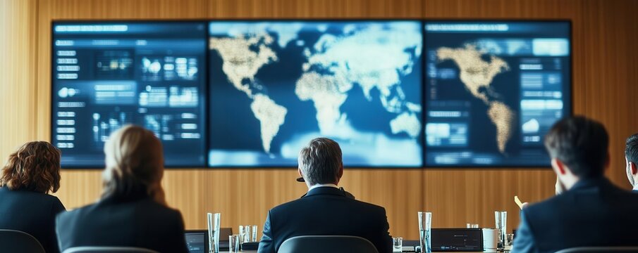 Corporate meeting on implementing climate strategies, screens filled with global ESG data, ESG climate  practices