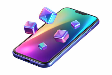 Holographic Smartphone on Glossy White Background with Floating Demand Icons � Modern Design for Financial and Promotional Content, Ample Copy Space Available