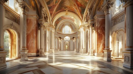 Elegant Grand Hall with Marble Columns and Golden Accents