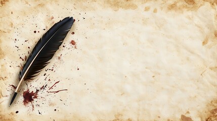 Elegant quill pen writing on aged parchment, ink splattering artistically across the page, literary writing tool, vintage calligraphy concept, Classical literary collections