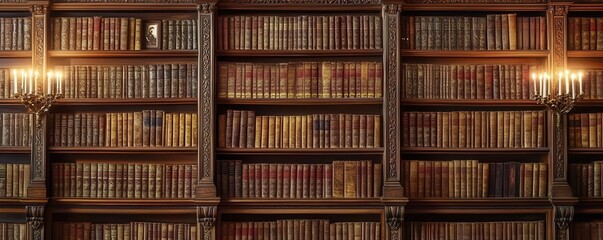 Grand wooden bookshelves filled with leather-bound volumes, intricate carvings and soft candlelight, classic bookshelves, literary elegance, Classical literary collections