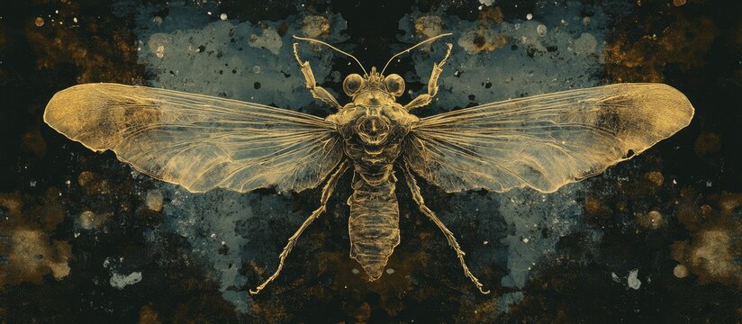 Surreal depiction of an ancient creature or insect created through chemigram techniques to generate abstract psychological visuals using photosensitive materials and chemicals Concept of evolution