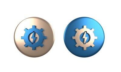 Colorful Gear and lightning icon isolated on white background. Electric power. Lightning bolt sign. Circle button. 3D render illustration