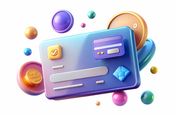 Flat Holographic Credit Card Illustration with Payment Icons on Glossy Background for Modern Financial Transactions | Simple Vector Design