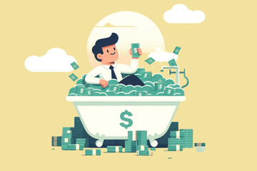 illustration of a smart businessman enjoying his wealth by bathing in a tub filled with money
