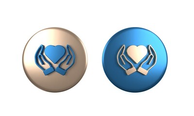 Colorful Heart in hand icon isolated on white background. Hand giving love symbol. Valentines day symbol. Circle button. 3D render illustration
