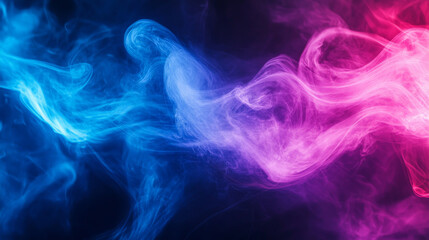 Bright, swirling clouds of neon cyan and magenta smoke twist dynamically, creating a vibrant abstract background with bold, flowing forms.