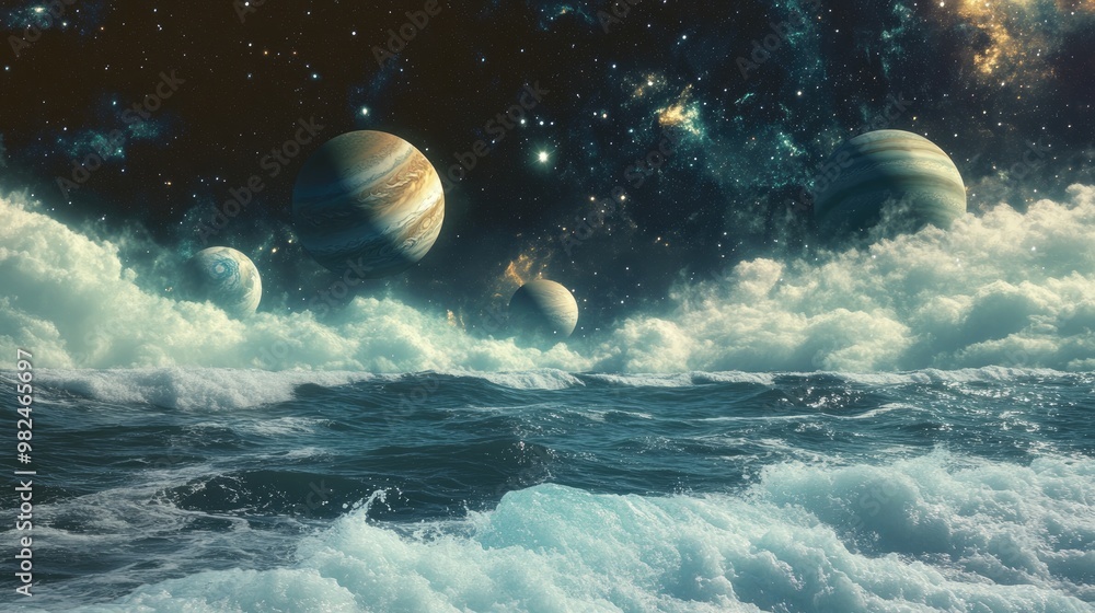 Poster surreal 3d rendering of solar system planets including jupiter mercury saturn and venus featuring oc