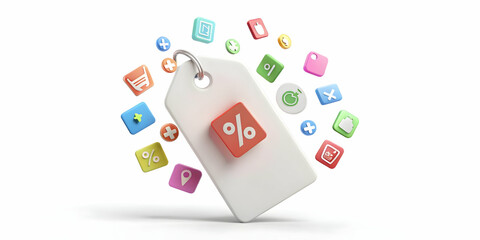 Naklejka premium 3D Levitating Price Tag with Promotion Icons � Eye-Catching E-commerce Marketing Design for Special Offers and Discounts on a White Background