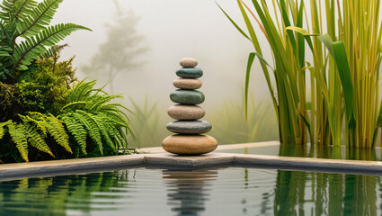 Zen stone stack by tranquil water pool with lush greenery.