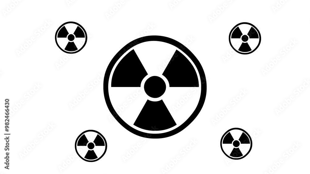 Poster zoom in and out animation the radiation symbol. large black symbol in the center and four small symb