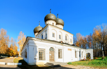 Veliky Novgorod Russia. Cathedral of the Nativity of our Lady in St Anthony monastery in Veliky Novgorod, Russia, autumn sunny view