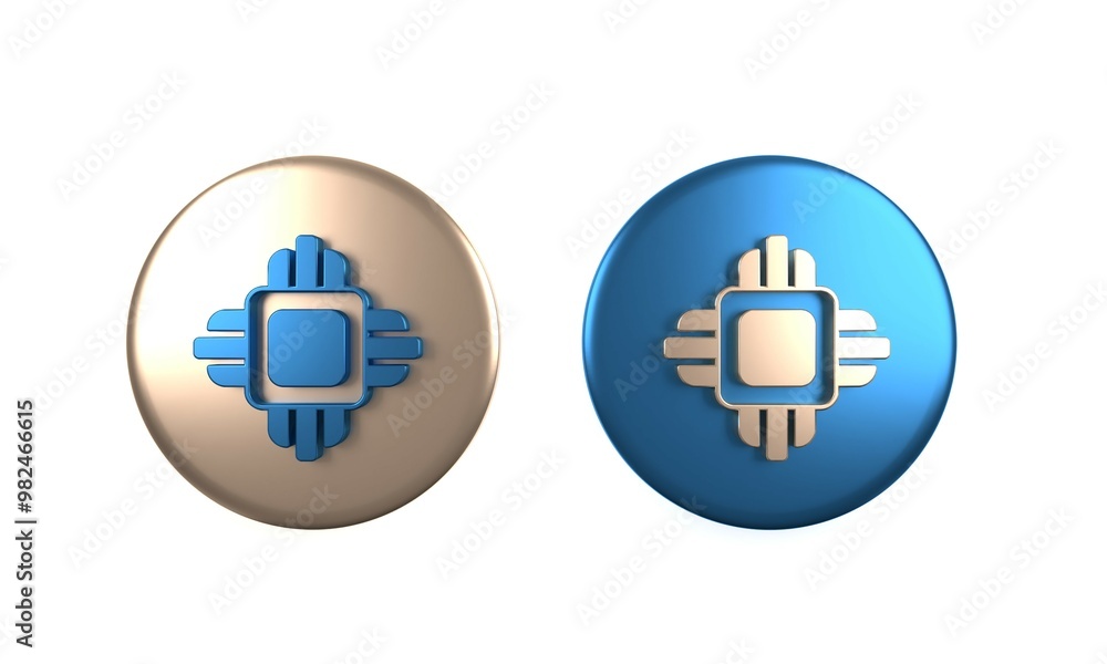 Poster Colorful Computer processor with microcircuits CPU icon isolated on white background. Chip or cpu with circuit board. Micro processor. Circle button. 3D render illustration