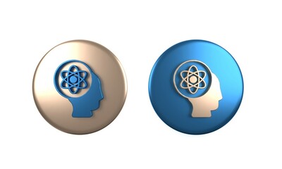 Naklejka premium Colorful Atom icon isolated on white background. Symbol of science, education, nuclear physics, scientific research. Circle button. 3D render illustration